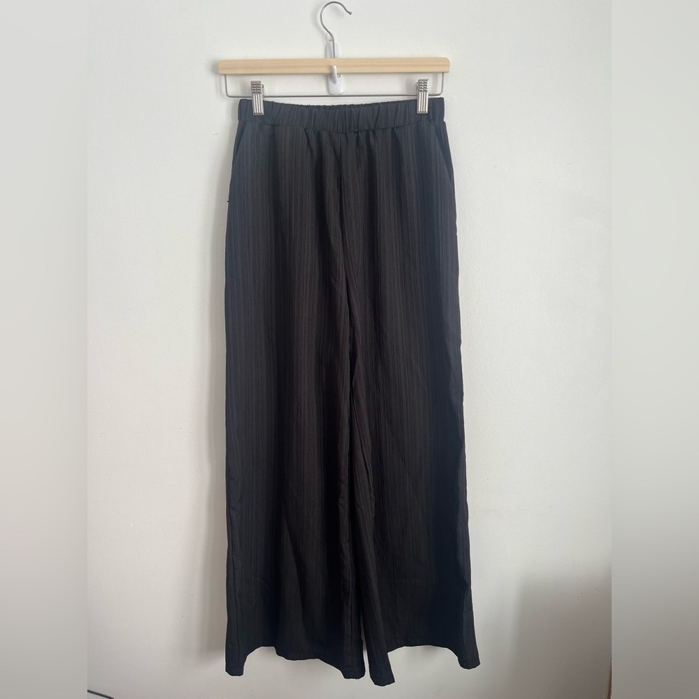 Shein Women Black High Waisted Wide Leg Ribbed Elastic Waist Trouser Pant Small